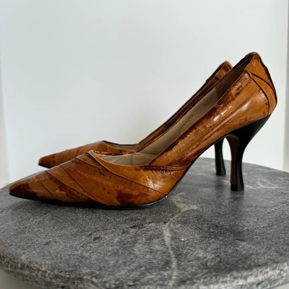 Paolo Iantorno Eel Skin Leather Heels Pointed Toe Brown 36